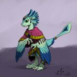  1:1 4_ears absurd_res amarynceus anthro avali avali_(original) blue_body blue_feathers clothing countershading digitigrade feathered_crest feathered_wings feathers female green_body green_eyes gyrotech head_crest hi_res jewelry luvashi multi_ear poncho winged_arms wings 