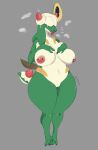  absurd_res alcremie anthro appletun barely_visible_genitalia barely_visible_pussy big_breasts breasts female genitals green_body grey_background hi_res hybrid lvlirror nintendo nipple_piercing nipples nude piercing pok&eacute;mon pok&eacute;mon_(species) pussy simple_background solo tongue tongue_out video_games 
