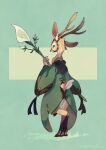  2021 anthro antlers biped cervid clothing digital_media_(artwork) flower green_eyes hi_res hooves horn looking_back male mammal ovopack plant raised_tail robe simple_background solo staff 