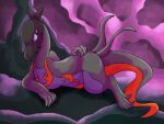  4:3 5_fingers anthro biped black_body black_scales darkecho17 digitigrade fan_character fingers forked_tongue grey_body grey_scales hybrid lying male markings nintendo on_front pok&eacute;mon pok&eacute;mon_(species) purple_eyes purple_markings red_body red_markings red_scales salandit salazzle saul_ashle scales tongue video_games 