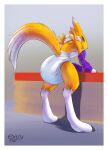  2021 absurd_res ambiguous_gender anthro bandai_namco border canid canine claws diaper digimon digimon_(species) digitigrade extry fox hands_on_table hi_res looking_at_viewer mammal raised_tail rear_view renamon solo standing watermark white_border white_diaper 