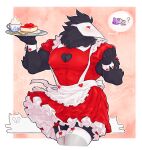 annoying_dog_(undertale) anthro black_body black_feathers blush cleavage_cutout clothed clothing crossdressing deltarune feathers frilly hi_res maid_uniform male mask solo swatchling theslowesthnery undertale_(series) uniform video_games waiter_tray 