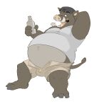  2021 absurd_res anthro backwards_hat belly beverage big_belly bottle bottomwear brown_body brown_fur bulge burping canson clothing fur hand_behind_head hat headgear headwear hi_res male mammal navel overweight pants shirt simple_background sitting solo suid suina topwear tusks unzipped warthog white_background 