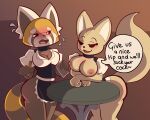  absurd_res aggressive_retsuko ailurid anthro bent_over big_butt blush bodily_fluids breasts butt canid canine clothed clothing collar duo exposed_breasts female fennec fenneko flustered fox hi_res looking_at_viewer maid_apron maid_uniform mammal nipples offering_to_viewer partially_clothed prostitution red_panda retsuko sanrio simple_background someindecentfellow sweat text thick_thighs uniform 