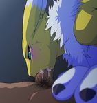  68 aqua_eyes blurry blush cum dark-skinned_male deepthroat depth_of_field digimon fellatio furry oral penis renamon sweat 