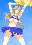  aa_megami-sama armpit armpits arms_up belldandy blue_eyes breasts brown_hair cheerleader facial_mark forehead_mark highres joy_division midriff miniskirt nipple_slip nipples no_panties pubic_hair pussy skirt smile spread_legs standing uncensored underboob wink 