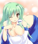  ass breasts butt_crack detached_sleeves frog green_hair kochiya_sanae large_breasts long_hair nipples ryokushiki_(midori-ya) solo touhou undressing yellow_eyes 