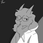  1:1 anthro biped black_and_white bovid caprine cigarette_in_mouth clothed clothing eyewear floppy_ears fluffy fur glasses goat hair hair_over_eye hoodie horn jeremy_(jerry_me) jerry_me male mammal monochrome one_eye_obstructed poker_face round_glasses shadow simple_background solo teenager topwear white_body white_fur young 