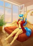  anthro arms_above_head bedroom clothed clothing digital_media_(artwork) disney female hasbro hi_res margony my_little_pony one_eye_closed open_clothing open_shirt open_topwear panties pegasus_(disney) plant plant_pot potted_plant shaded shirt solo spread_wings stretching topwear underwear unguligrade_anthro window wings 