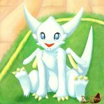  1:1 blue_eyes carpet chibisuke dragon dragon_drive feral fur hi_res male ratteu sitting smile solo spread_legs spreading white_body white_fur wings wood_floor 
