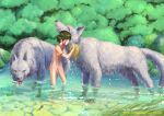  2016 bathing breasts canid canine canis casual_nudity detailed_background eyes_closed female feral fur genitals ghibli grey_body grey_fur group hair human mammal markings navel nipples nude outside partially_submerged princess_mononoke pussy quadruped red_markings san_(princess_mononoke) studio_zuburi text url wet wolf 