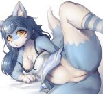  2021 4_fingers anthro anus areola blue_body blue_fur blue_hair blush bottomless breasts canid canine cleft_of_venus clothed clothing digital_media_(artwork) dipstick_tail female fingers footwear fox fur genitals gloves_(marking) hair healingpit hi_res kemono legwear long_hair looking_at_viewer lying mammal markings multicolored_body multicolored_fur navel nipples on_side one_breast_out one_leg_up open_mouth pattern_clothing pattern_footwear pattern_legwear pattern_socks pussy raised_leg shaded socks solo spread_legs spreading striped_clothing striped_footwear striped_socks stripes tail_markings two_tone_body two_tone_fur white_body white_fur yellow_eyes 