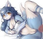  &lt;3 &lt;3_eyes 2021 4_fingers anthro anus blue_body blue_fur blue_hair blush bodily_fluids bottomless breasts canid canine chest_tuft clothed clothing digital_media_(artwork) dipstick_tail female fingers footwear fox fur genital_fluids genitals gloves_(marking) hair healingpit hi_res inner_ear_fluff kemono legwear long_hair looking_at_viewer lying mammal markings multicolored_body multicolored_fur navel nipples on_side one_breast_out one_leg_up open_mouth pattern_clothing pattern_footwear pattern_legwear pattern_socks pink_nipples pussy pussy_juice raised_leg shaded simple_background socks solo spread_legs spreading striped_clothing striped_footwear striped_socks stripes tail_markings tuft two_tone_body two_tone_fur white_background yellow_eyes 