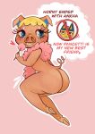  2021 animal_crossing anthro blonde_hair blush butt digital_media_(artwork) domestic_pig english_text eyelashes female hair hi_res holding_object hooves mammal nakitacat nintendo pancetti_(animal_crossing) simple_background smile solo suid suina sus_(pig) text video_games 