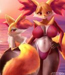  2021 absurd_res anthro big_breasts bikini black_body black_fur blonde_hair blush braixen breasts clothing convenient_censorship delphox dipstick_tail duo ear_tuft english_text eyebrow_through_hair eyebrows female fluffy fluffy_tail fur hair hand_on_hip hi_res looking_at_viewer looking_back looking_back_at_viewer markings nintendo pink_nose pok&eacute;mon pok&eacute;mon_(species) realistic_fur red_body red_eyes red_fur red_nose sea sky smile sunset swimwear tail_markings text translucent translucent_hair tuft url v-tal video_games water white_body white_fur wide_hips yellow_body yellow_fur 
