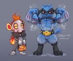  6:5 abs anthro belt big_biceps big_muscles bodily_fluids candy chimchar cosplay dessert duo duskull english_text eyes_closed fire flexing food fruit grey_background growth halloween hi_res holidays machoke male muscle_growth muscular muscular_male nintendo pecs plant pok&eacute;mon pok&eacute;mon_(species) pumpkin red_eyes riolu simple_background standing sweat text video_games waddledox 