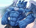  abs anthro biceps bodily_fluids bulge chest_tuft clothed clothing dragon growth hi_res horn male muscle_growth muscular muscular_male pecs solo sweat topless tuft waddledox 