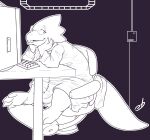  2016 alphys anthro biped buckteeth chair claws clothed clothing computer digital_drawing_(artwork) digital_media_(artwork) eyewear female furniture glasses head_in_hands hi_res leaning leaning_forward looking_aside open_mouth reptile scalie simple_background sitting solo stormdragonblue teeth thick_tail undertale undertale_(series) video_games 