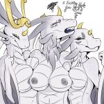  1:1 absurd_res alpha_channel angry anthro asian_mythology big_breasts blush breast_squish breasts broken_horn callist_(clevzx) dialogue dragon east_asian_mythology eastern_dragon eura_(clevzx) female female/female ghidorah_(species) godzilla_(series) group hi_res hirothedragon horn huge_breasts io_(clevzx) kaiju monsterverse moonhidora_(clevzx) mythology nipples nude profanity purple_tongue sibling simple_background sister sisters smile squish teasing toho tongue transparent_background triplets wings 
