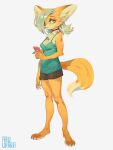  absurd_res anthro aruurara barefoot biped bite biting_lip bottomwear canid canine choker clothing digitigrade feet female fox fur green_eyes hair hi_res jewelry kemono liina_(aruurara) looking_at_viewer mammal necklace nervous orange_body orange_fur phone shirt shorts silver_hair solo standing tank_top topwear 