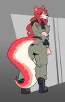  absurd_res amelia anthro arm_at_side belt big_breasts big_butt big_tail boots breasts butt butt_pose canid canine canis clothing empskit female footwear hi_res looking_back mammal military pose simple_background solo wolf 