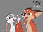  2021 anthro bisexual bodily_fluids breasts bukkake canid canine cum cum_on_face disney duo ejaculation english_text erection female genital_fluids genitals group group_sex hi_res judy_hopps kinktober lagomorph leporid link6432 male male/female male/male mammal nick_wilde nipples open_mouth penis rabbit sex simple_background smile text tongue zootopia 