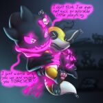 1:1 2021 3_toes ambiguous_gender banette black_body bow_tie canid canine dialogue digital_drawing_(artwork) digital_media_(artwork) duo english_text feet fox ghost glowing glowing_eyes hi_res hindpaw humanoid mammal nintendo pawpads paws pink_pawpads plushie pok&eacute;mon pok&eacute;mon_(species) radasus spirit stitches_(radasus) text toes toy video_games white_body zipper zippy_(silverfox5213) 