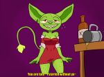  2d_animation animated anthro bottomwear breasts butt cleavage clothed clothing clothing_lift dress drunk female goblin humanoid moitasart nails short_playtime skirt skirt_lift solo substance_intoxication tongue tongue_out 