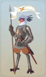  absurd_res accipitriform ambiguous_gender anthro armor avian banner beak bird breastplate chainmail claws clothed clothing dagger digital_media_(artwork) feathers full-length_portrait grey_body grey_feathers hi_res melee_weapon orange_beak pink_claws polearm portrait purple_eyes ridos_(primonyr) secretary_bird simple_background solo spear standing sword volcanins weapon white_body white_feathers 