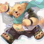  1:1 2021 anthro belly bottomwear canid canine canis clothed clothing cu_sith_(tas) domestic_dog hi_res hoodie humanoid_hands kemono lagoon_bluebear lifewonders male mammal one_eye_closed open_clothing open_hoodie open_topwear overweight overweight_male scarf shorts solo tokyo_afterschool_summoners topwear video_games wink young 