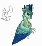  4_ears amarynceus anthro avali avali_(original) blue_body blue_feathers countershading feathered_wings feathers female green_body green_eyes gyrotech low_res luvashi multi_ear winged_arms wings 