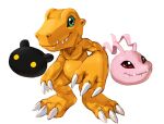  2014 3_fingers 3_toes agumon ambiguous_gender bandai_namco botamon claws digimon digimon_(species) feet fingers green_eyes hi_res koromon orange_body red_eyes sharp_teeth simple_background smile soihtuss teeth toes white_background yellow_eyes 