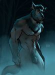  abs anthro balls beard bgn biceps canid canine chest_tuft facial_hair fangs flaccid fluffy fluffy_tail fog foreskin forest forest_background fur genitals grey_body grey_fur hi_res humanoid_genitalia humanoid_penis looking_at_viewer male mammal muscular muscular_anthro muscular_male muscular_thighs nature nature_background night nipples nude outside pecs penis plant solo tree tuft were werecanid werecanine werewolf yellow_eyes 