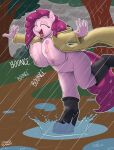  2016 absurd_res anthro anthrofied areola boots bouncing_breasts breasts casual_exposure clothed clothing curvy_figure equid equine eyes_closed female footwear friendship_is_magic hasbro hi_res horse mammal mostly_nude my_little_pony nipples nude open_clothing open_mouth open_shirt open_topwear pinkie_pie_(mlp) pony raining shirt slightly_chubby solo strangerdanger topwear voluptuous water wet 