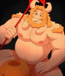  2021 anthro armpit_hair asgore_dreemurr beard belly biceps big_belly big_muscles black_background blackclown00 blep blonde_hair body_hair boss_monster bovid caprine clothing eyebrows facial_hair food fruit fur goat hair halloween happy_trail hi_res holding_object holding_pitchfork holding_tool holidays horn jack-o&#039;-lantern long_ears looking_at_viewer male mammal musclegut muscular muscular_anthro muscular_male navel nipples overweight overweight_anthro overweight_male pecs pitchfork plant pubes pumpkin scar simple_background sitting smile solo tongue tongue_out tools undertale undertale_(series) underwear video_games white_body white_fur 