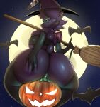  anthro big_breasts big_butt blazethefox breasts broom butt chiropteran cleaning_tool clothed clothing female female_penetrated food fruit full_moon fur halloween hi_res holding_butt holidays huge_butt improvised_sex_toy jack-o&#039;-lantern lacy_(blazethefox) magic_user mammal moon night penetration plant pumpkin purple_body purple_fur star thong underwear witch 