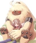  absurd_res angoramon anthro bandai_namco brown_hair digimon digimon_(species) digimon_ghost_game duo embrace female fur hair hair_over_eyes hase_popopo hi_res hug human male mammal ruri_tsukiyono size_difference sleeping yellow_body yellow_fur 