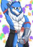  abs anthro balls bandai_namco blue_body blue_fur canid canine canis censored clothed clothing cybernetics cyborg digimon digimon_(species) erection eyewear fur genitals hand_behind_head hi_res ineffective_censorship lukewarm machgaogamon machine male mammal muscular muscular_anthro muscular_male partially_clothed pecs penis scar solo sunglasses topless topless_male wolf yellow_eyes 