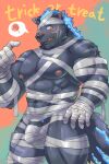  2:3 anthro black_nose blue_body blue_fur blush bulge canid canine canis clothing costume english_text fur furlong_(live-a-hero) genitals halloween hi_res holidays humanoid_genitalia humanoid_penis lifewonders live-a-hero male mammal markings mummy_costume muscular muscular_anthro muscular_male nipples penis simple_background solo speech_bubble standing text video_games weedwolfeatmeat wolf yellow_eyes 