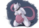  &lt;3 anthro anthrofied artist_name bahnbahn_(artist) belly big_belly big_breasts blush bodily_fluids breasts collar female hands_behind_back heart_marking hi_res kneeling leash legendary_pok&eacute;mon mewtwo nintendo nipples nude pink_body pok&eacute;mon pok&eacute;mon_(species) pok&eacute;morph pregnant red_eyes solo submissive submissive_female sweat sweatdrop tattoo video_games white_body 