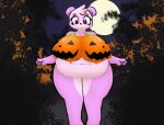  anthro chubby_female female food forest forest_background fruit full_moon fur hi_res hsp mammal moon nature nature_background nude overweight painted_breasts plant pumpkin pumpkin_boobs purple_body purple_fur red_eyes solo tree ursid 