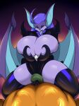  anthro big_breasts breasts chiropteran cleavage clothed clothing female food fruit huge_breasts jack-o&#039;-lantern jludragoon mammal membrane_(anatomy) membranous_wings plant pumpkin purple_body sitting solo tongue tongue_out wings 