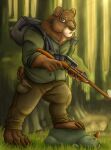  5_fingers anthro claws clothing david_the_bear eyewear fingers front_view glasses grass gun hi_res invidiart male mammal natural_colors navel orange_eyes outside pawpads paws plant ranged_weapon rifle serious_face side_view slightly_chubby solo standing tactical tree ursid weapon 
