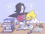  ! alphys anthro blush book buckteeth claws clothing coat duo english_text eraser eyewear female front_view furniture glasses gloves grey_body hair hair_over_eye handwear hi_res highlights_(coloring) holding_eyewear holding_glasses holding_object humanoid lab_coat lizard machine mettaton_ex notebook oekaki_ega4 one_eye_obstructed pen purple_highlights reading reptile robot robot_humanoid scales scalie signature simple_background sparkles speech_bubble table teeth text textbook thick_tail topwear undertale undertale_(series) video_games white_body yellow_body yellow_scales 