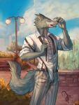  abs anthro beastars belt bench canid canine canis city city_background clothed clothing cloud detailed_background dukkoart hi_res legoshi_(beastars) looking_aside looking_at_viewer male mammal muscular muscular_male open_clothing open_shirt open_topwear plant scar shirt sky solo street_lamp topwear untied_necktie wolf 
