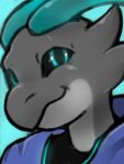  3:4 anthro black_sclera blue_eyes clothed clothing grey_body hoodie horn kobold looking_at_viewer male portrait reptile scalie scar side_b smile smirk solo spaghettiumai topwear 