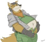  2019 anthro belly belt big_belly bodily_fluids bottomwear canid canine canson clothing fox fox_mccloud fur gloves handwear headgear hi_res jacket male mammal navel nintendo orange_body orange_fur overweight pants pilot pilot_uniform scarf shirt simple_background solo star_fox struggling_to_fit sweat tight_clothing topwear unbuttoned video_games white_background white_body white_fur 