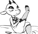  anthro bed black_and_white bovid caprine cellphone clothing female fur furniture goat gud gud_(fursona) hooves horizontal_pupils horn legwear mammal monochrome phone pupils simple_background simple_coloring sitting smartphone solo stockings white_background white_body white_fur 