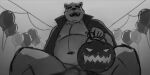  2021 2:1 anthro balloon belly censored food fruit halloween hi_res holidays humanoid_hands inflatable inside kemono kumamikan male mammal monochrome moobs navel nipples overweight overweight_male plant pumpkin sitting solo ursid 