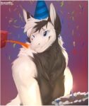  ambiguous_gender anthro birthday blue_eyes bodily_fluids cake candle clothing confetti crying dessert duo dutch_angel_dragon food fur happy hat headgear headwear lad_(samwellgumgi) nozomyarts party_hat sam_(samwellgumgi) smile snout tears tears_of_joy white_body white_fur 